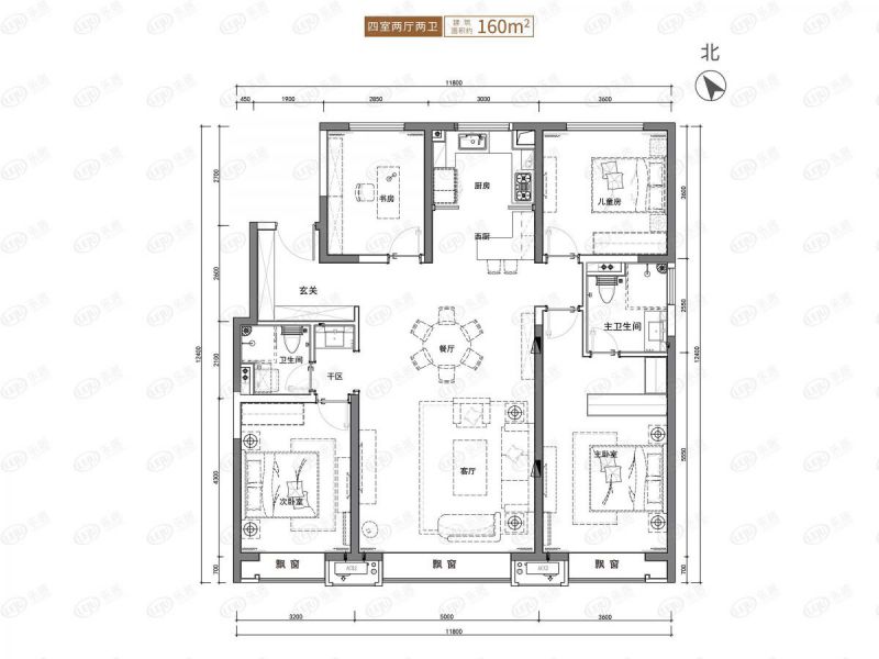 包頭裝修方案萬科公園五號四室兩廳兩衛(wèi)160平方米