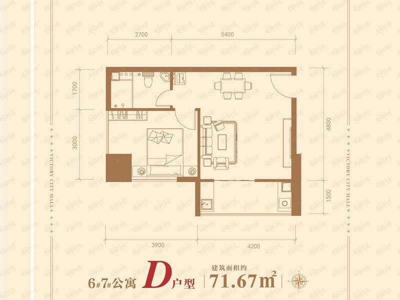 包頭裝修方案維多利摩爾城一室一廳一衛(wèi)71.67平方米