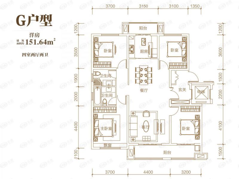 包頭裝修方案中梁·首府壹號院四室兩廳兩衛(wèi)151.64平方米