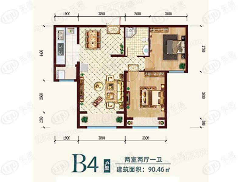 包頭裝修方案住建風(fēng)景兩室兩廳一衛(wèi)90.46平方米