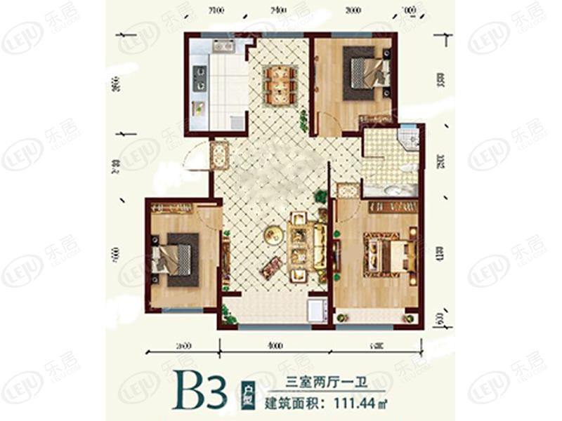 包頭裝修方案住建風(fēng)景三室兩廳一衛(wèi)111.44平方米